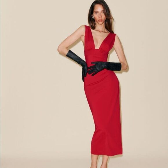 Reformation Red Varun Deep-V Backless Midi Event Dress with High Slit 0 - Picture 4 of 11
